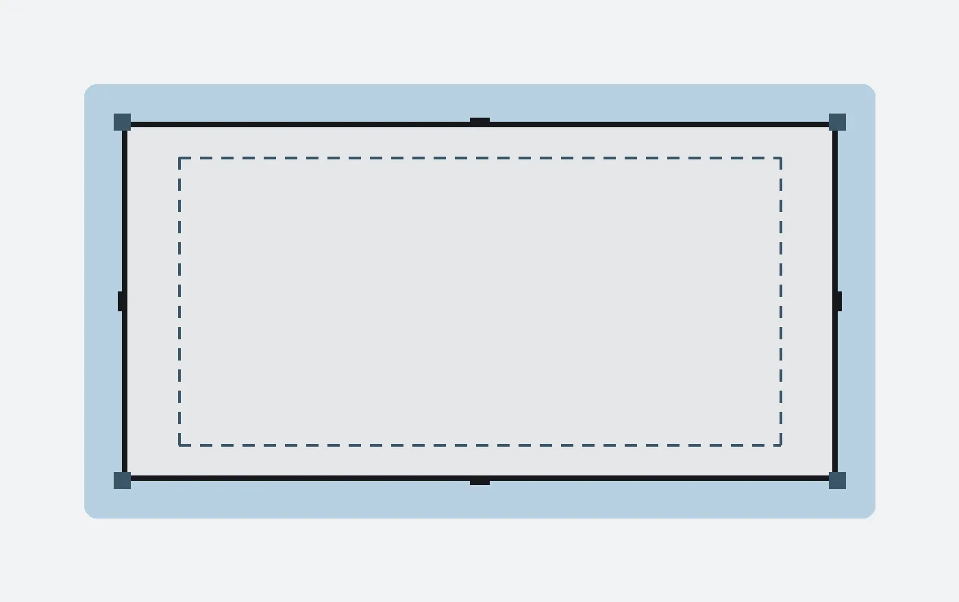 Abstract crop-frame with dashed inner guide and square corner grips on cool paper.